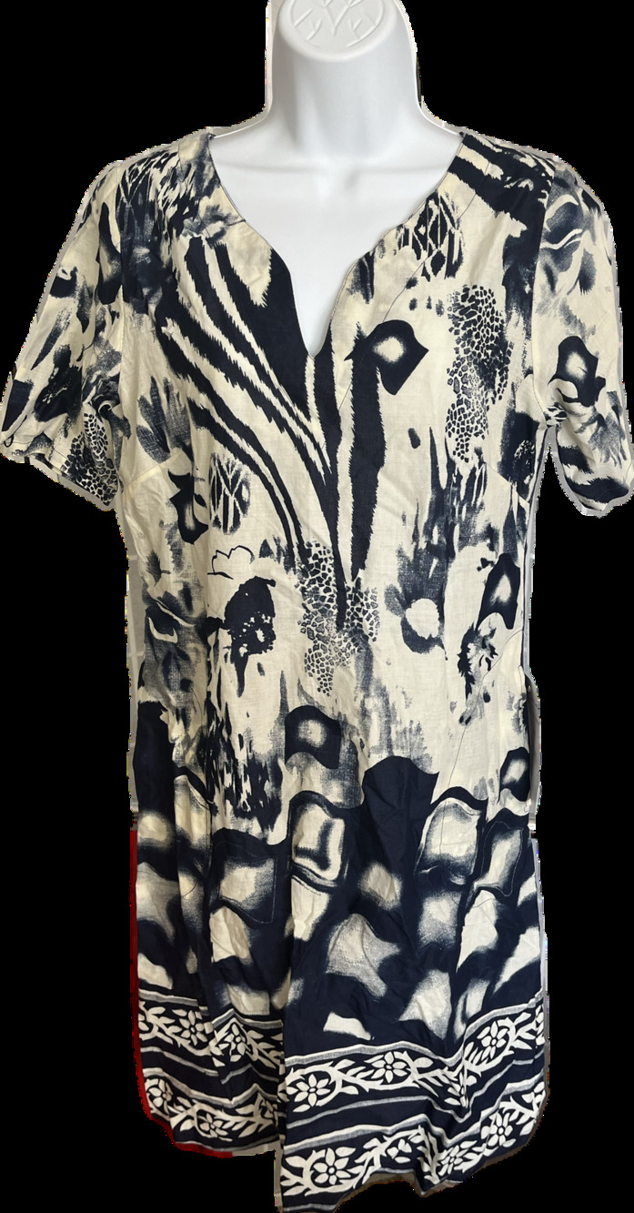 Adrift Myrtle Dress Blue white animal print short sleeve mini dress L NWT sample